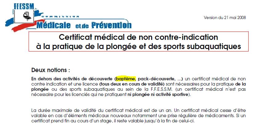 certificat médical et baptême de plongée dans la Réserve Cousteau